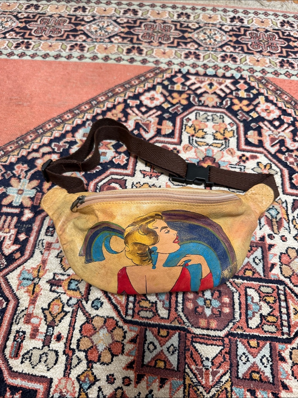 Emily Ann of Boca Raton Hand Painted 1980s woman image Leather Fanny Pack bag